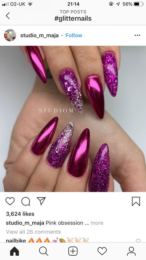 Spring Sparkle Nails, Magenta Chrome Nails, Magenta Nails Design, Pink Velvet Nails, Chrome Glitter Nails, Magenta Nails, Acrylic Nails Almond Shape, Pink Chrome Nails, Purple Nail Art