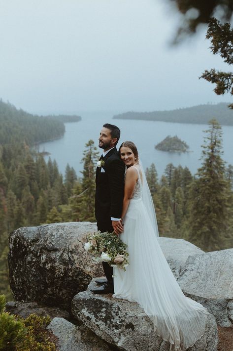 Liz and Dylan's rainy Emerald Bay elopement was one I'll cherish forever. These two came from Minnesota to say "I do" for their Lake Tahoe elopement.   A rainy wedding day didn't stop them from having the most intimate and beautiful elopement ceremony. And these rainy wedding day photos turned out so moody and romantic.   If you're afraid of having rain for your adventure elopement, just know it can still turn out magical. See more of their Tahoe elopement on my blog! Emerald Bay Lake Tahoe Elopement, Acadia Elopement, Lake Superior Wedding, Rainy Elopement, Kenai Alaska, Lake Wedding Photos, Emerald Bay Lake Tahoe, Beautiful Elopement, Alaska Elopement