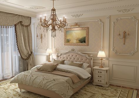 Classical bedroom on Behance New Classic Bedroom, Classical Bedroom, Classic Bedroom Design, Minimalist Bedroom Furniture, Mansion Bedroom, Fancy Bedroom, Casa Vintage, Classic Bedroom, V Ray