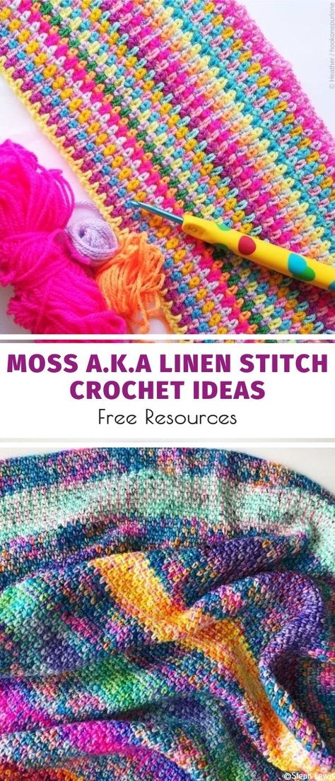 Moss Stitch or Linen Stitch Ideas | Your Crochet Linen Stitch Crochet, Crochet Moss, Crocheted Cow, Moss Stitch Pattern, Scrap Crochet, Scrap Yarn Crochet, Rainbow Mosaic, Colour Shades, Crochet Afgans