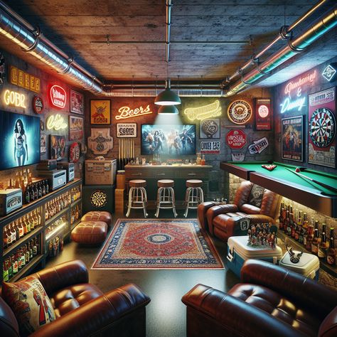 Dive into the ultimate man cave mixing vintage charm and modern touches. Enjoy a stocked bar, recliners, a game-worthy big screen, dart board, and pool table. Admire neon signs, music posters, sports memorabilia, and comic figurines. #ManCave #BasementDesign #HomeBar #GameRoom #VintageDecor #ModernTouch Garage Bars, Vintage Man Cave, Honeycomb Wallpaper, Modern Man Cave, Cellar Ideas, Drum Room, Home Music Rooms, Room Music, Music Rooms