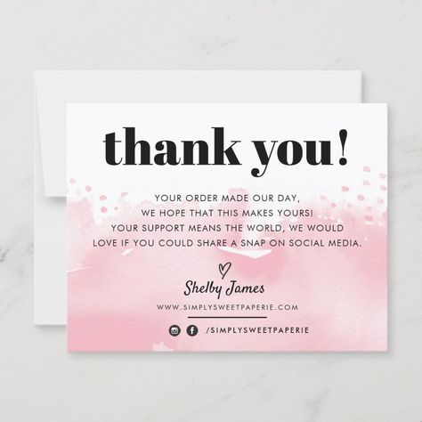 BUSINESS THANKS modern watercolor pretty pink LOGO Thank You Card | #business #modern #handmade #thankyouforyourpurchase #thankyou #minimalist #insert #contemporary #simple #professional Post Purchase Email, New Small Business Ideas, Thank U Card, Covered Strawberries Ideas, Chocolate Covered Strawberries Ideas, Strawberries Ideas, Business Thank You Notes, Wig Business, Sensory Kits