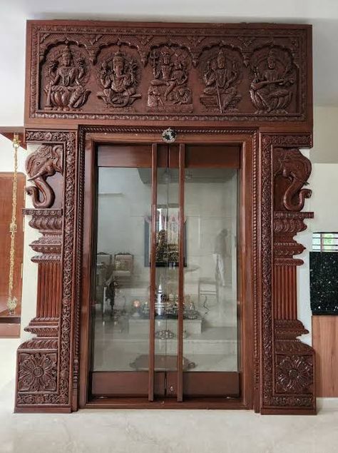 Temple Doors Indian, Enterence Door Design, Room Double Door Design, Pooja Mandir Door Designs, Pooja Glass Door, Doors Indian, Main Door Ideas, Pooja Room Doors, Mandir Door