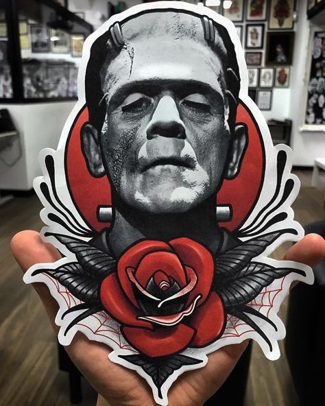 Traditional Monster Tattoo, Universal Monsters Tattoo, Monsters Tattoo, Frankenstein Design, Frankenstein Tattoo, Underboob Tattoo Designs, Horror Movie Tattoos, Monster Tattoo, Frankenstein Art