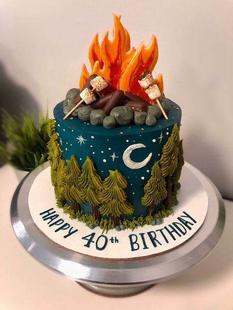 Long Cake Designs, Bonfire Birthday Cake, Nature Cakes, Camping Theme Cakes, Bonfire Cake, Camping Birthday Cake, Campfire Cake, Camping Cakes, The Click