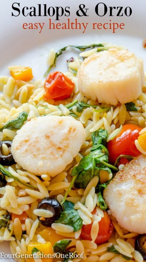 Mediterranean Diet Recipes With Scallops, Scallops With Orzo, Orzo With Scallops, Scallops And Orzo, Clam Dishes, Recipe With Orzo, Scallop Recipes Healthy, Scallops Recipes, Scallop Recipes Pasta