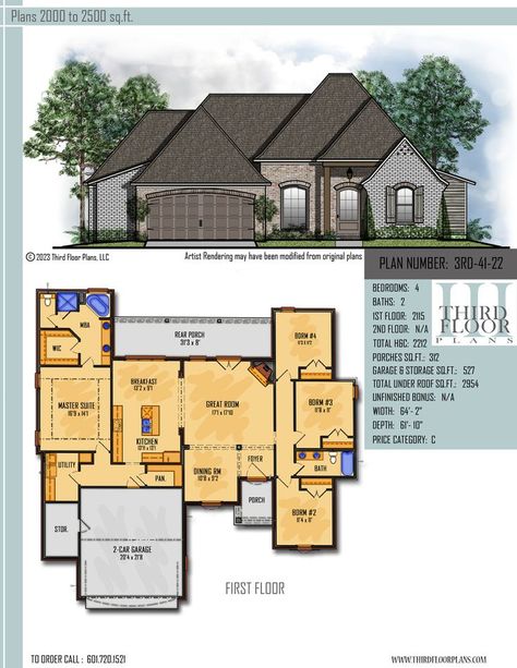 $700.00 House Plan 9 sets Open Floor Plan Master Bed And Bath, Floor Plan Croissant, Master Bath Layout Floor Plans With Tub And Closet, Big Walk In Closet, Two Story Acadian House Plans, Split Home, Garage With Storage, Large Porch, Sims House Plans