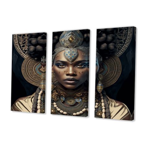 Bungalow Rose Tribal African Woman II Tribal African Woman II - 3 Piece Print on Canvas | Wayfair African American Wall Art, Metal Wall Art Living Room, Woman In Gold, Canvas Wall Art Set, Metal Art Prints, Art Print Set, Metal Artwork, Framed Canvas Art, Framed Canvas Prints