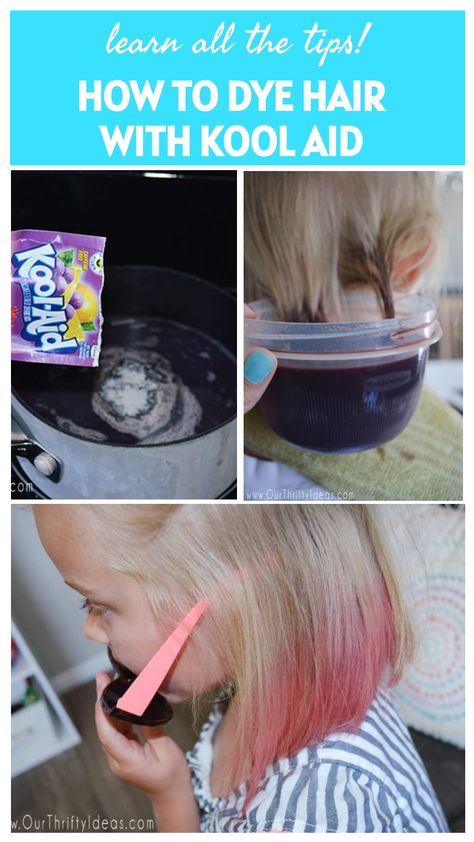 Discover a fun and vibrant way to change up your look by dyeing your hair with Kool-Aid! Find out the best tips on mixing colors, applying the dye, and even removing it when you're ready for a new style. This creative method offers a temporary solution to add a pop of color to your hair without any long-term commitment. Dive into the world of Kool-Aid hair dye and spice up your hairstyle today! Color Hair With Koolaid, Koolaid Hair Dye How To, Temporary Hair Dye For Kids, How To Dye Hair With Koolaid, Dye Hair With Koolaid, Kids Hair Color Ideas Girls Fun, Koolaid Hair Dye, Kool Aid Hair Dye, How To Dye Hair