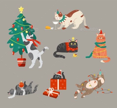 Cat Christmas Tree Drawing, Winter Cat Illustration, Christmas Cats Illustration, Cat Christmas Illustration, Christmas Animals Illustration, Christmas Cat Illustration, Ipad Inspiration, Christmas Cat Funny, Cat Celebrating