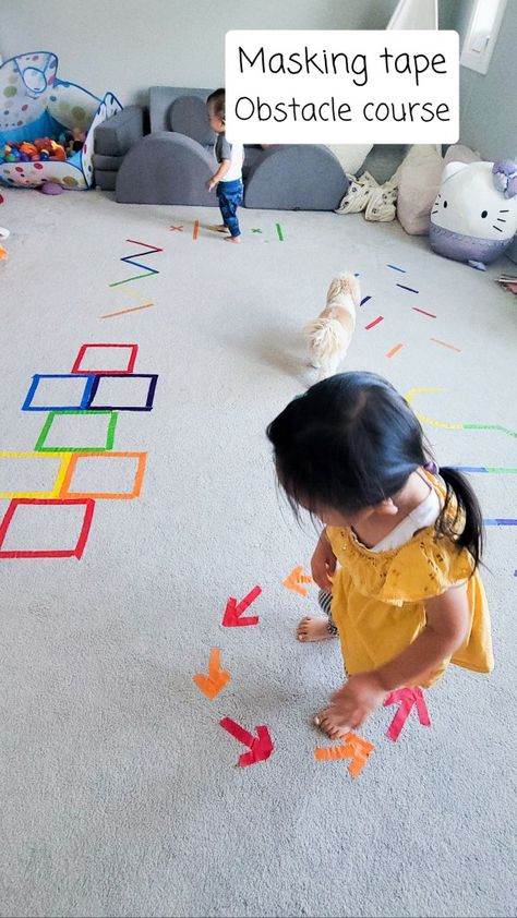 Easy toddler activities using masking tape! Tape Obstacle Course, Obstical Course Ideas, Aftercare Ideas, Toddler Obstacle Course, Physical Development Activities, September Lessons, Birthday Chart, Kids Obstacle Course, Gross Motor Activity