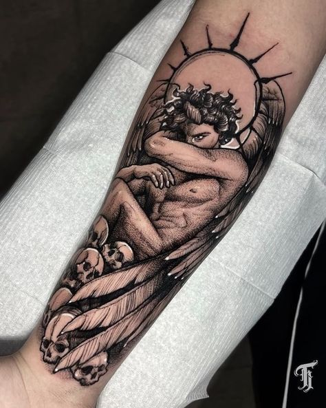 Cool Bicep Tattoo Men, Calf Tattoo Ideas, Satanic Tattoos, Cupid Tattoo, Choose Her, Realistic Tattoo Sleeve, Special Tattoos, Tattoo Inspiration Men, Bicep Tattoo