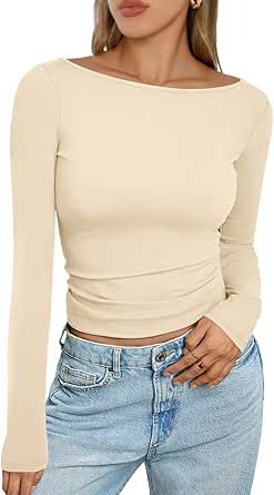 Trendy Queen Women's Long Sleeve Shirts Going Out Boat Neck Tops Slim Fitted Tshirts Tight Y2k Outfits Tshirts Tight, Basic Clothes, Boat Neck Top, T-shirt Refashion, Casual Long Sleeve Shirts, Tops Long Sleeve, Boat Neck Tops, Flannel Women, Y2k Outfits