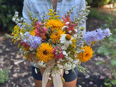 Bridal bouquet. Rudbeckia, delphinium, exhinacia, goldenrod and more Golden Rod Bouquet, Goldenrod Bouquet, Rudbeckia Bouquet, Bouquet Shapes, Woodland Wedding Bouquet, Jeff Jones, Flower Stand, 2024 Wedding, Wildflower Wedding