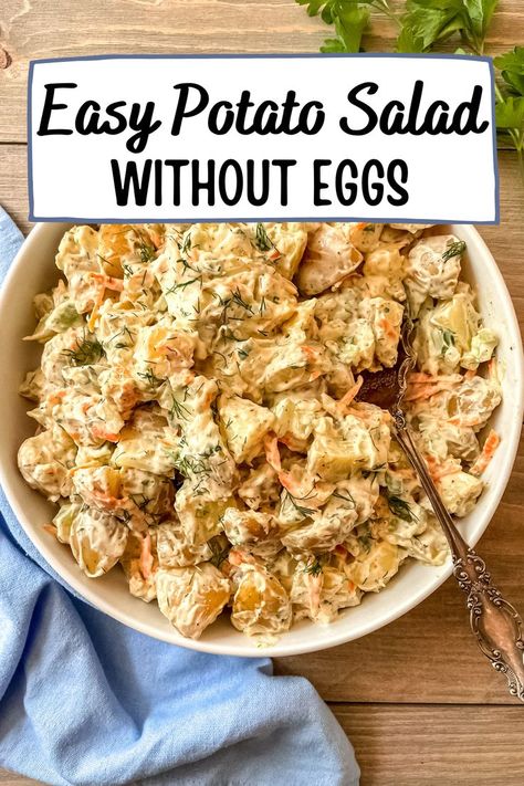 Potato salad (without eggs) in a round, white bowl. Potato Salad Without Egg, Yukon Gold Potato Salad Recipe, Potato Salad Without Eggs, Celery Recipes, Potatoe Salad, Classic Potato Salad, Easy Potato Salad, Creamy Potato Salad, Gold Potatoes