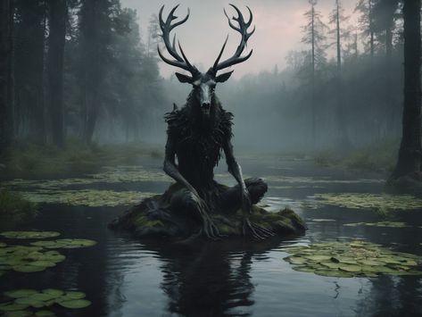 Supernatural Creatures Aesthetic, Forest Creatures Mythical, Wendigo Aesthetic, Eldritch Horror Aesthetic, Dark Mythical Creatures, Cryptid Monsters, Nature Deity, Creatures Mythical, Deer God