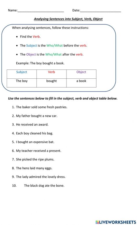 Subject Verb Object Worksheet, Subject Verb Object, Book Anatomy, Subject Object, Subject And Predicate, Learning English For Kids, Verb Worksheets, English Grammar Worksheets, Subject And Verb