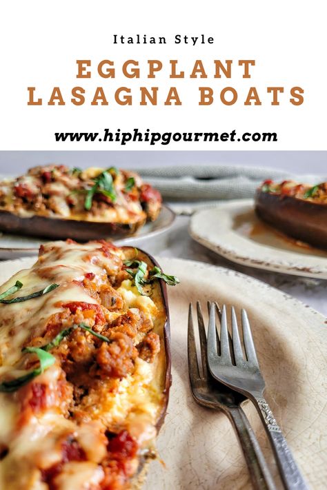 lasagna stuffed eggplant garnished with fresh chopped basil and freshly grated parmesan cheese on a plate with two forks, more stuffed eggplants on plates in the background Eggplant Boats, Eggplant Lasagna, High Carb, Italian Pasta Recipes, Baked Eggplant, Low Cal, Lasagna Recipe, Favorite Side Dish, Satisfying Food