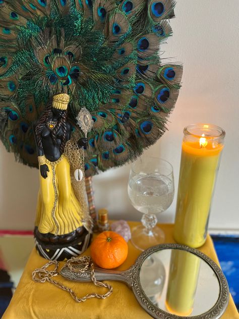 Oshun Altar Ideas, Oshun Alter, Oshun Aesthetic, Orisha Altar, Oshun Offerings, Oshun Altar, Oya Orisha, Oya Goddess, Yemaya Orisha