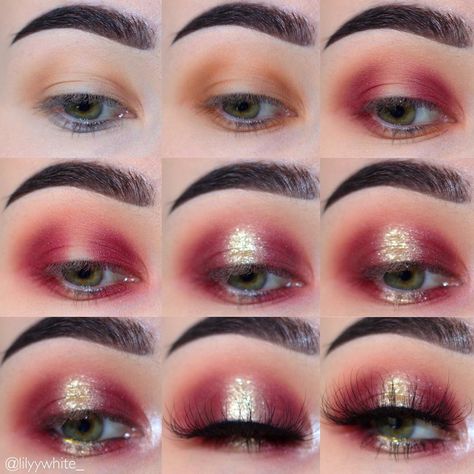 7,449 Likes, 92 Comments - Lily (@lilyywhite_) on Instagram: “Step by step of a one palette only look using ABH as requested ❤️can you guess the palette ? …” Eyeshadows Ideas, Red Eyeshadow Look, Make Up Gold, Makeup Gold, Red Eye Makeup, Makeup Tutorial Step By Step, Pink Eye Makeup, Bronze Makeup, Red Eyeshadow