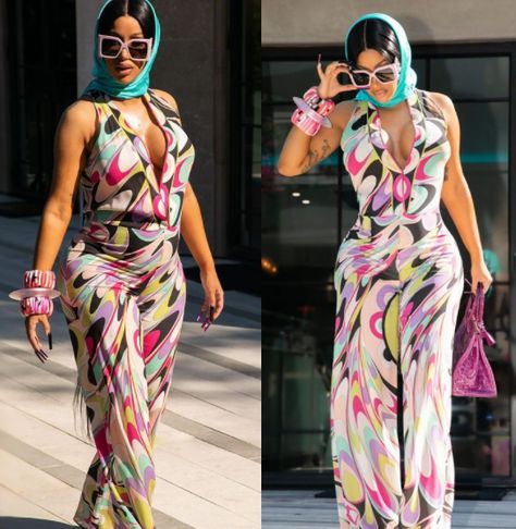 Pregnant Cardi B is preparing to welcome her second child with Migos rapper, Offset. On Friday, the 28-year-old rapper shared stunning photos of herself rocking a  plunging Pucci jumpsuit which showcased her growing baby bump. She completed her look with a scarf wrapped around her neck, while rocking pink sunglasses and holding a Hermès bag. […] The post Pregnant Cardi B Showcase Her Growing Baby Bump in Jumpsuit [Photos] appeared first on 47vibez Media. Pucci Jumpsuit, Migos Rapper, Latest Songs, Pink Sunglasses, Second Child, Baby Bump, Cardi B, Baby Bumps, Bump