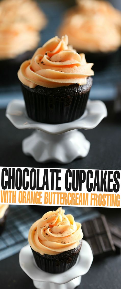 Moist and flavourful Chocolate Cupcakes topped with bright Orange Buttercream Frosting. Orange Buttercream Frosting, Orange Buttercream, Frugal Mom, Cupcake Flavors, Cupcake Frosting, Baking Cupcakes, Yummy Cupcakes, Savoury Cake, Cup Cakes