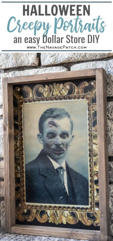 Creepy Portraits (a Dollar Store DIY) | DIY creepy portraits with Dollar Tree supplies | Simple DIY Halloween decoration | Easy spooky family portrait for Halloween | #TheNavagePatch #halloweendecorations #halloween #easydiy #DIY #DollarTree #DollarStore #halloweencrafts #halloweenparty | TheNavagePatch.com Diy Halloween Portraits, Halloween Decoration Easy, Creepy Portraits, Scary Halloween Pictures, Halloween Portraits, Halloween Costumes Pictures, Spooky Pictures, Haunted House Diy, Easy Diy Halloween Decorations