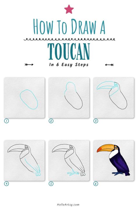 6 steps demonstrating how to draw a how to draw a toucan for kids. How To Draw A Rainforest, How To Draw A Toucan, Toucan Drawing, How To Draw A Tucan Bird, How To Draw A Toucan Step By Step, Toucan Sketch, Toucan Reference, Bird Drawing For Kids, Simple Bird Drawing