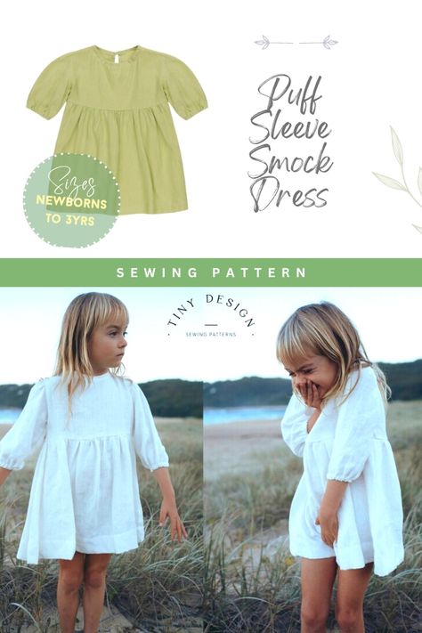 Puff Sleeve Smock Dress sewing pattern (Newborn to 12 years). This is an awesome dress pdf pattern that is super popular! It's perfect for those in-between days, a throw-on-and-go type of dress. It's not only easy to sew but looks adorable for casual play or special events. It's another classic and never-go-out-of-style dress! SewModernKids Baby Girl Dress Pattern Sewing, 4t Dress Pattern Free, Toddler Girl Dress Pattern, Free Girls Sewing Patterns, Baby Girl Dress Patterns Free, Easy Girls Dress Pattern, Newborn Patterns Sewing, Girl Sewing Patterns, Toddler Clothes Sewing Patterns