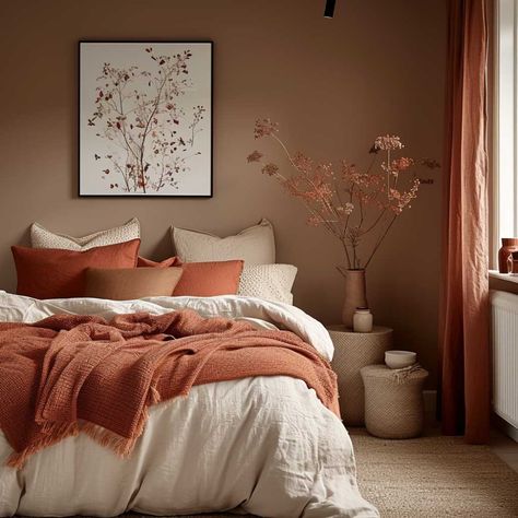 70+ Bedroom Colour Combinations to Create Your Personal Relaxation Oasis • 333+ Art Images Earth Colours Bedroom, Bedroom Autumn Colours, Orange And Gray Bedroom Ideas, Rust Colour Bedroom, Bedroom Clay Color, Terracota Bedding Room, Clay Color Palette Bedroom, Boho Bedroom Colour Palette, Bedroom Ideas Brown Walls