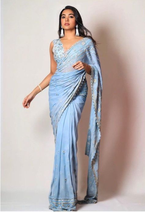 Shivathmika Rajashekar, Powder Blue Saree, Blue Designer Saree, Blue Chiffon Saree, Adhuri Kahani, Farewell Saree, Blue Sari, Sky Blue Saree, Saree Blue