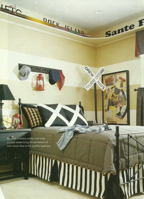 Love the upper shelf for train track and the pillows for railroad crossing...and the train lines painted on the wall too! Boys Train Room, Train Shelf, Train Room Decor, Train Bedroom, Grand Room, Railroad Crossing, Train Decor, The Pillows, Train Room