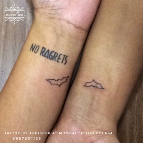 Friendship Tattoos (Batman Tattoo) @bigguystattoo  @mumbaitattoocolaba  . #tattoo #mumbaitattoocolaba #friendships #friendshiptattoo  #friendshipgoals #mumbaitattoo #bigguystattoo #colabacauseway #batmantattoo #batman #darkknightrises #batmantattoos #symboltattoo #matchingtattoos #coupletattoo #relationshipgoals #relationshiptattoo #ink #smalltattoo Patchwork Tattoo Ideas Matching, Batman And Robin Tattoo Matching, Simple Love Tattoos For Couples, Batman Tattoos Men, Batman Inspired Tattoo, Small Batman Tattoo Ideas, Easy Matching Tattoos, Small Batman Tattoo, Batman Tattoos For Women