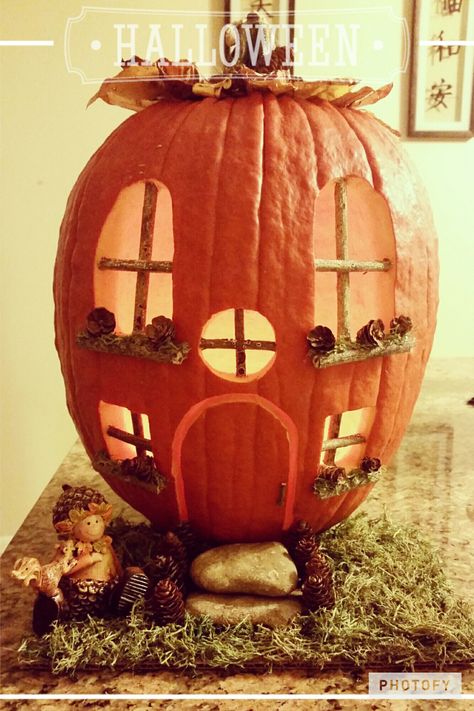 Fairy House Pumpkin Carving Ideas, House Carved Pumpkin, Pumpkin Carved House, Hobbit House Pumpkin Carving, Pumpkin Fairy House Carving, Pumpkin House Carving Ideas, Pumpkin Houses Carving, Cottage Pumpkin Carving, Pumpkin Carving Fairy House