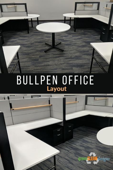 This bullpen office cubicle layout is popular for collaboration. With half round tables and a round table in the middle, these cubicles encourage collaboration. #bullpenofficelayout #officecubicles #greencleandesigns

https://www.greencleandesigns.com/cubicle-ideas-for-growing-company/ Office Bullpen Design, Bullpen Office Layout, Cubicle Office Layout, Bullpen Office, Cubicle Layout, Modern Industrial Office, Open Office Layout, Cubicle Ideas, Office Layouts