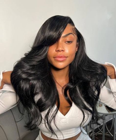 40 Side-Swept Bangs Hairstyles Trending in 2024 Bangs Long Hair Black Women, Curly Bob Hairstyles Black Women, Side Part Bangs Long Hair, Bob Hairstyles Black Women, Long Hair Black Women, Hair Calendar, Long Layered Hair With Side Bangs, Side Part Bangs, Type Of Bangs