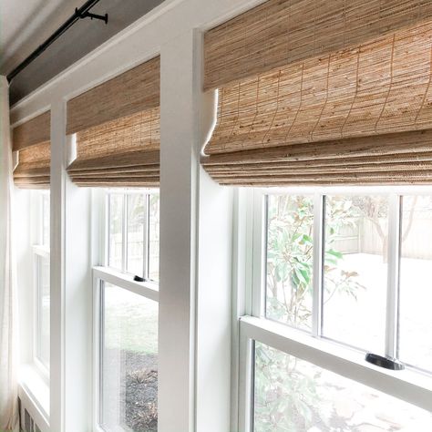 Woven Wood Blinds With Curtains, Wicker Window Shades, Blinds On A Large Window, Cordless Woven Shades, Bamboo Shades Bathroom, Wicker Shades Window Treatments, Cordless Bamboo Shades, Bathroom Window Shades, Farmhouse Shades For Windows