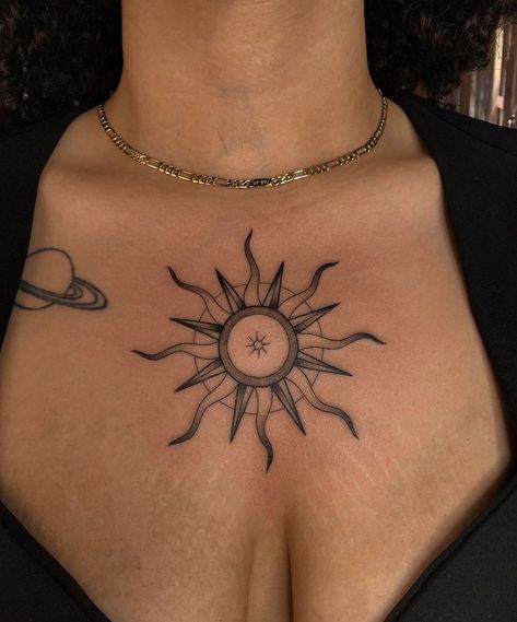 Moon And Sun Chest Tattoo, Sun Tattoo Middle Of Chest, Chest Sun Tattoo, Sun Tattoo Stomach, Sun Chest Tattoo Female, Sun Tattoo On Chest, Sun Chest Tattoo, Sun With Face Tattoo, Unique Minimalist Tattoo