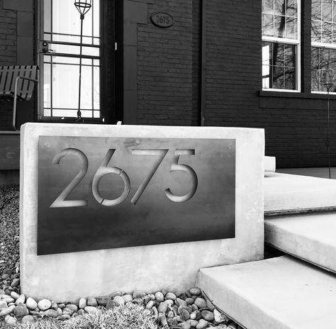 Custom, laser-cut steel address sign designed and installed by Industrial Luxury. #lasercutting #metalsigns #addresssign Entry Statement, Steel Address Sign, Monument Signage, Illuminated House Numbers, Steel And Concrete, Address Marker, Hotel Signage, Door Signage, Ada Signs