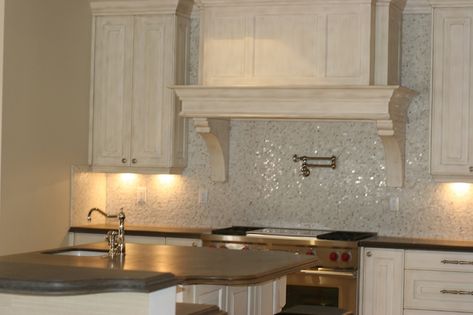 LOVE Kitchens White, Kitchen Backsplash Inspiration, Mother Of Pearl Backsplash, Glass Tiles Kitchen, Limestone Countertops, Mosaic Backsplash Kitchen, Tiles Ideas, Mosaic Tile Backsplash, Herringbone Backsplash