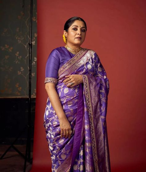 Lilac Banarasi Saree, Lilac Sarees, Violet Saree, Ramya Krishna, Saree Outfits, Saree Ceremony, Saree Color Combinations, Ramya Krishnan, Celebrity Style Dresses