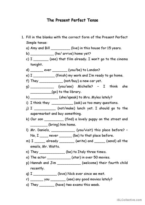 The Present Perfect Tense general gr…: English ESL worksheets pdf & doc Present Perfect Worksheets, Tenses English Grammar, Present Perfect Simple, Present Perfect Tense, Tenses English, Perfect Tense, Go To The Cinema, Grammar Practice, The Verb