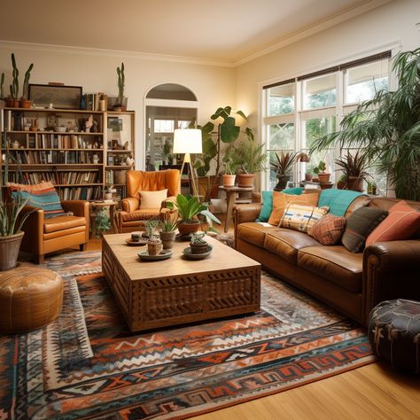 Leather Couch Cozy Living Room, Vintage Eclectic Home Living Room, Boho Mcm Living Room, Brown Couch Living Room Ideas Boho, Ucla Apartment, Orange Leather Couch Living Room, New Mexico Living Room, Orange Leather Couch, Eclectic Living Room Decor