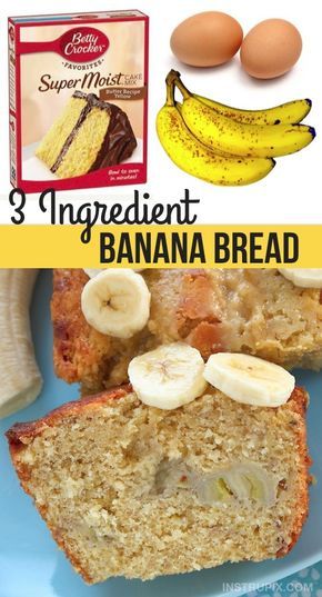 This quick and easy 3 ingredient banana bread recipe is super moist and delicious! Add chocolate chips to make it even better. All you will need is a box of cake mix, ripe bananas and a few eggs. #instrupix #3ingredients #bananabread Banana Bread 3 Ingredient, 3 Ingredient Banana Bread, 3 Ingredient Banana Bread Recipe, Super Moist Banana Bread, Banana Bread Recipe Moist, Desserts Keto, Banana And Egg, Moist Banana Bread, Easy Banana Bread Recipe