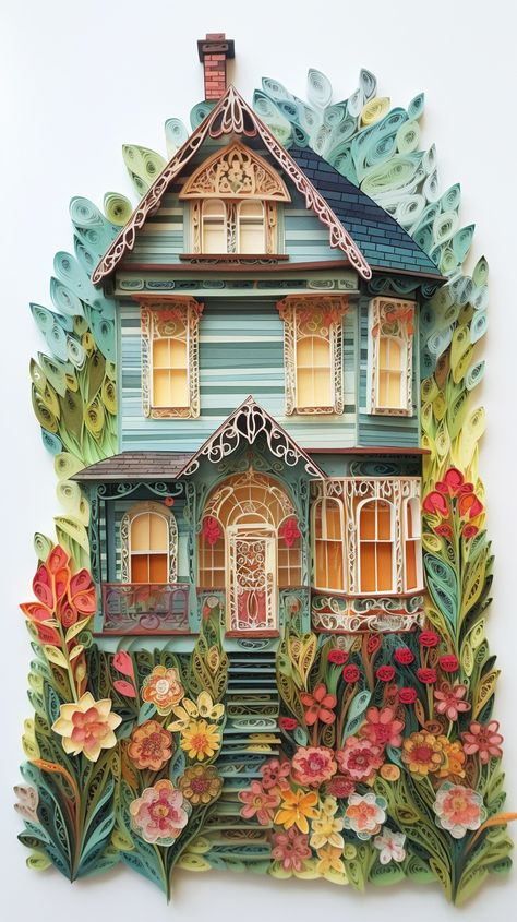 Victorian house created with AI by Amanda Church Quilling Paper Art Ideas, 3d Quilling Ideas, Quilling House, Paper Quilling Ideas, Quiling Paper Art, Construction Paper Art, Quilling Paper Art, Diy Quilling Crafts, Arte Quilling