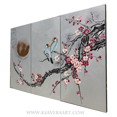 Japanese Canvas Painting, Bird Silhouette, Professional Painters, Art Japonais, Style Japonais, Canvas Acrylic, Japan Art, Plum Blossom, Acrylic Wall Art