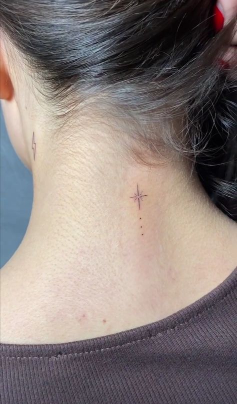 Simple Back Of Neck Tattoo, Sparkle Neck Tattoo, Tattoo Ideas Neck Woman, Star With Wings Tattoo, Women Upper Back Tattoo, Neck Tattoos Women Back Of, Northstar Tattoo, Back Of Neck Tattoos For Women, Resilience Tattoo