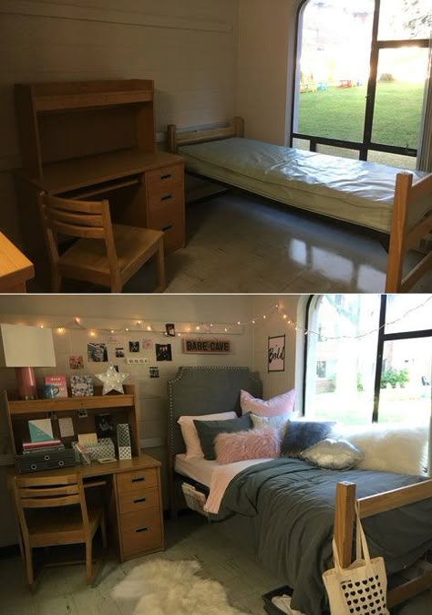 8. This student at La Salle University transformed her dorm room using string lights and fluffy pink pillows. University Rooms, Beautiful Dorm Room, College Bedroom, Dorm Room Storage, Student Room, College Dorm Room Decor, Dorm Room Designs, Uni Room, Room Makeovers