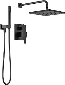 Delta Faucet Modern Raincan 2-Setting Square Shower System Including Rain Shower Head and Handheld Spray Black, Rainfall Shower System Brushed Black, Shower Valve Trim Kit, Matte Black 342701-BL Delta Shower Faucets, House Lifestyle, Rain Head, Tiny House Inspiration, Home Storage Solutions, Remodel Bathroom, Delta Faucets, Black Shower, Rainfall Shower