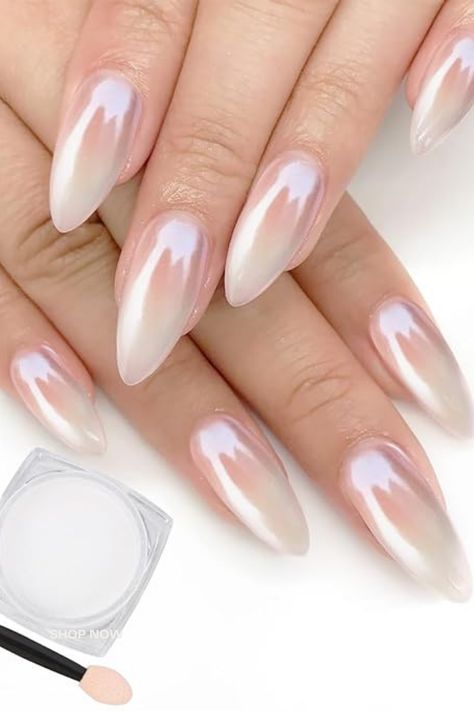 Pearl Chrome Nail, Gel Chrome Nails, Nail Mirror, Pearl Chrome, Nail Vibes, White Chrome Nails, White Tip Nails, Chrome Nail Powder, Chrome Nails Designs